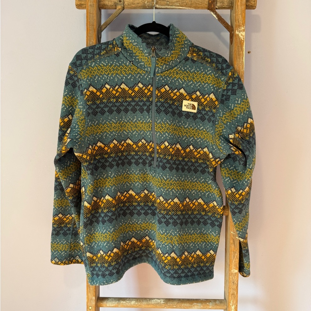 The North Face Men's Zip Up Sweater - Teal and Mustard Medium